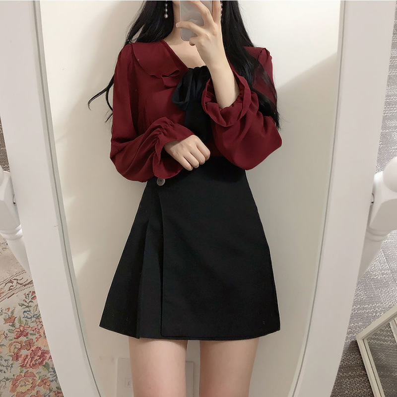 원피스 여성 패션 하이 엔드 여성 싱글 | 세트 가을 및 겨울 새로운 하이 웨이스트 블랙 하프 길이 스커트 2 피스 세트