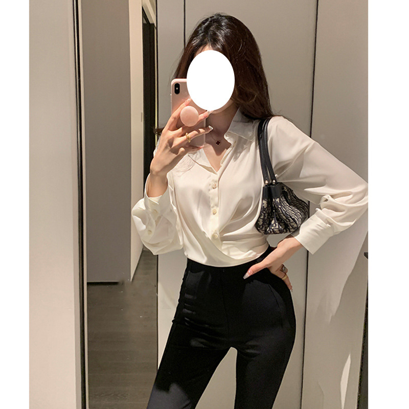 프랑스 스타일 우아한 통근 흰색 새틴 V 넥 쉬폰 셔츠 여자 올 매치 느슨한 긴 소매 옷깃 드로우 스트링 셔츠 탑