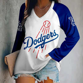 2025新款印花个性人头字母图片女士长袖V领NFL球队T恤女