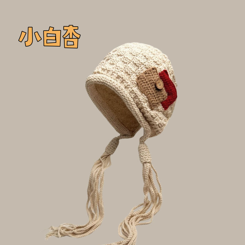 新款时尚补丁毛线帽秋冬季手工辫子流苏帽红色百搭保暖护耳针织帽|undefined