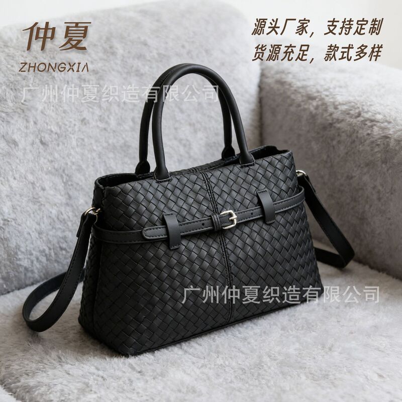 Cross-Border Handbag Autumn and Winter High-End Woven Tote Bag Large Capacity Soft Leather Commuter Bag Retro Shoulder Bag for Women