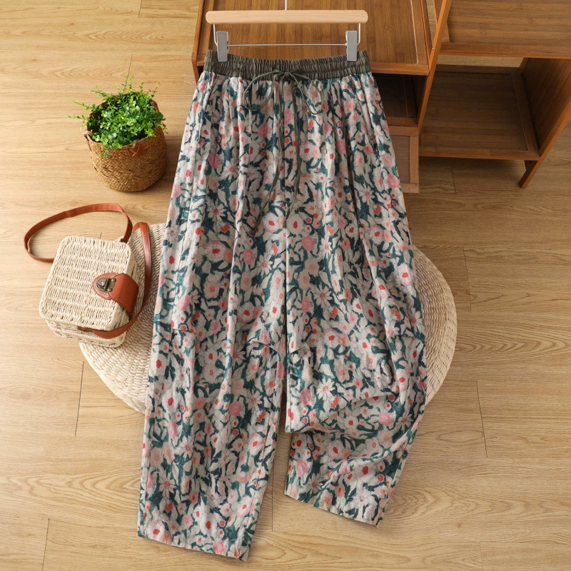 Фактический снимок новых повседневных брюк с принтом рами 2025 года, свободные брюки в стиле ретро с литературным плиссированным дизайном