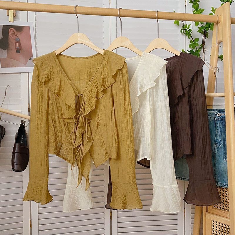 Bell Sleeve Ruffled Lace-Up V Neck Chiffon Shirt for Women Spring and Autum New Korean Style Loose and Versatile Apricot Shirt Bell Sleeve Ruffled Lace-Up V Neck Chiffon Shirt for Women Spring and Autum New Korean Style Loose and Versatile Apricot Shirt