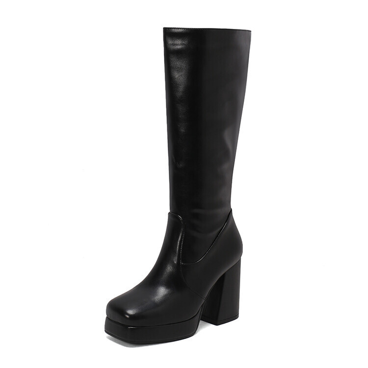 Simple square thigh-high boots waterproof platform thick heels high heels side zipper boots for women_voghion.com