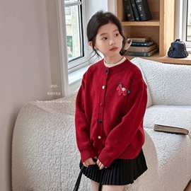 年货推荐女童红色上衣2025秋冬季新款儿童新年拜年服毛衣开衫