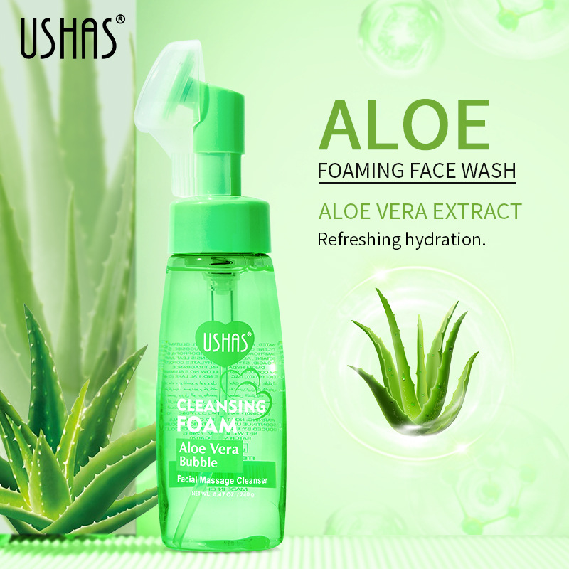 USHAS spot transfronterizo venta caliente espuma de limpieza de aloe vera hidratación hidratante limpia la cara con cepillo de masaje