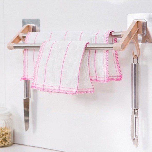 Sin perforaciones de doble barra toallero baño cocina almacenamiento rack de plástico de acero inoxidable toallero