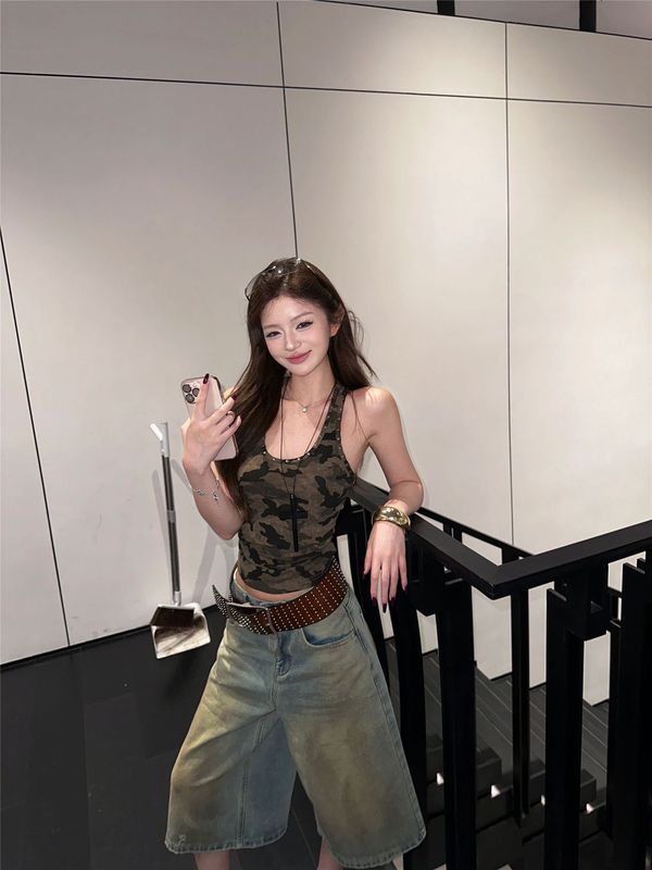 レトロ迷彩リベット U ネックキャミソール女性の夏アメリカンホットガールノースリーブアウターデザインスリムトップ|undefined