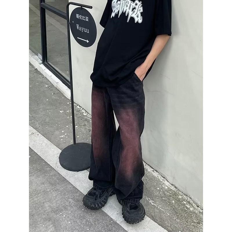 Japanese-Style Gradient Washed Loose Straight-Leg Trendy Brand 2023 New Men's Jeans Harajuku Retro Versatile Wide-Leg Pants