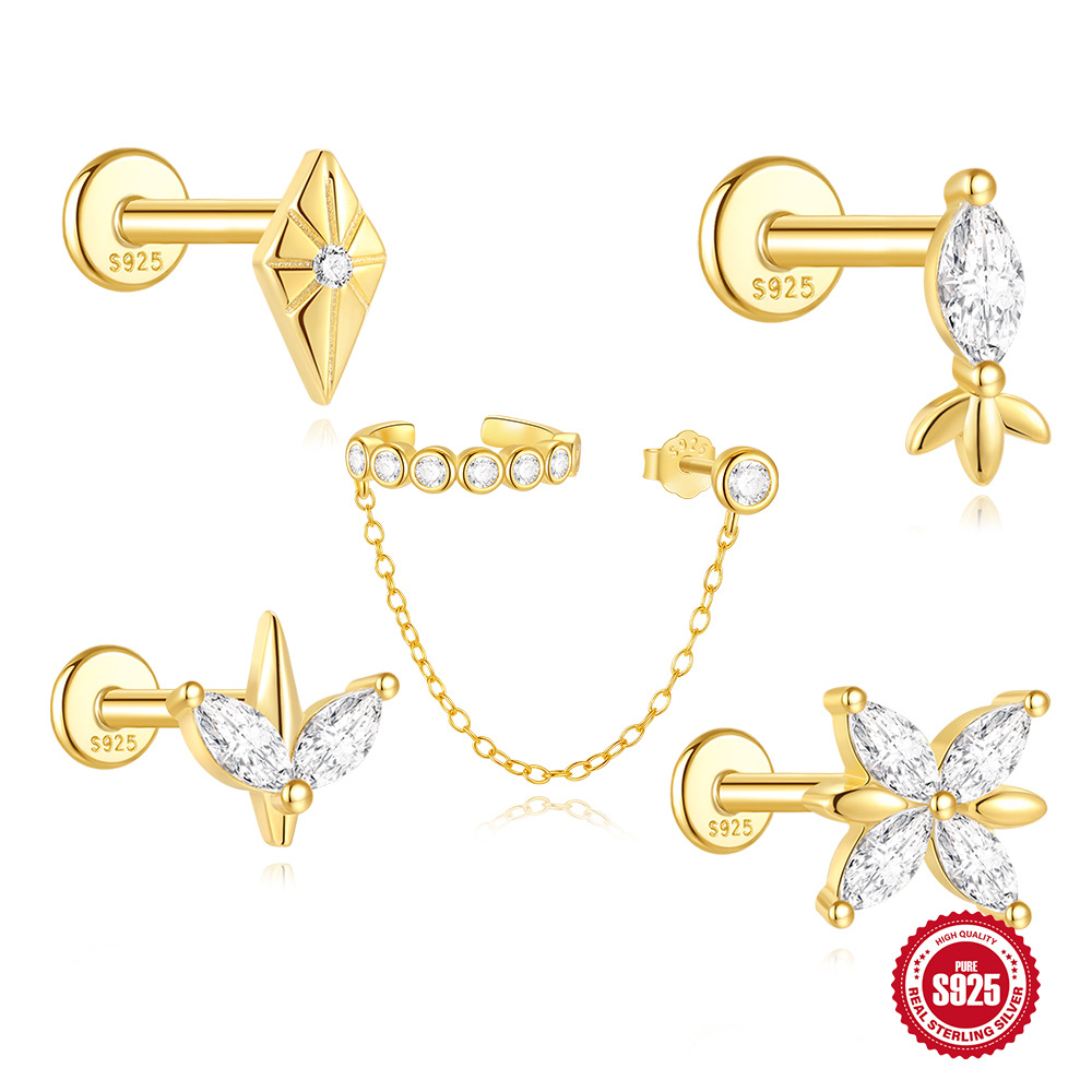 Nuevo s925 plata de ley cuatro estrellas con sentido de metal, hilo en espiral, personalidad, pendientes de estrella, estilo popular atractivo