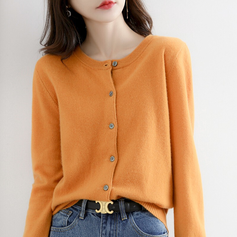 2024 Spring and Autumn New Knitted Sweater Sweater Cardigan Women's Round Neck Short Slim Bottoming Shirt Long Sleeve Tops Top