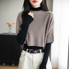 法式简约精纺羊毛女圆领半袖叠穿秋冬新款时尚宽松高腰短款小披肩
