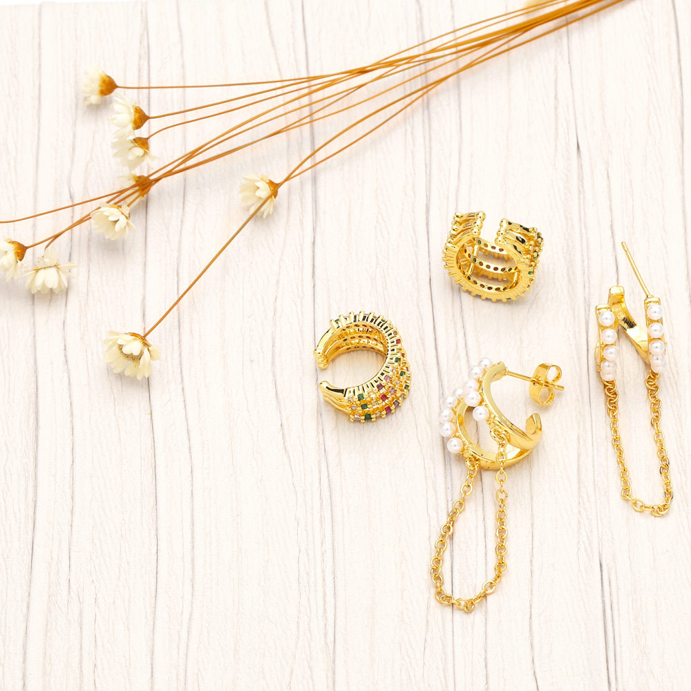 Fashion C Shape Copper Inlay Pearl Zircon Hoop Earrings Ear clips 1 Pair