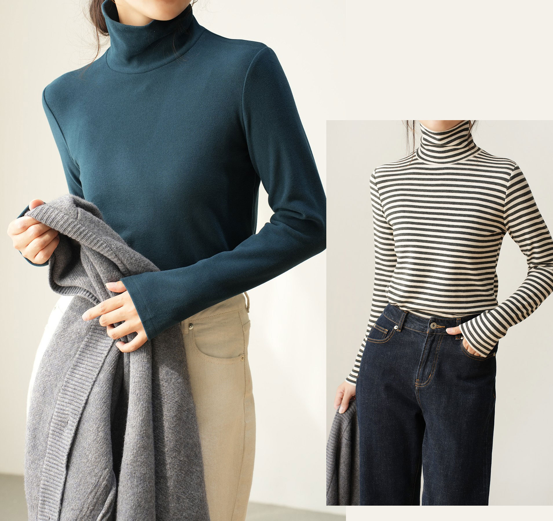 여성용 양면 양털 스트라이프 베이스 셔츠 하이 칼라 긴 소매 티셔츠 따뜻한 탑 가을과 겨울 여성 의류