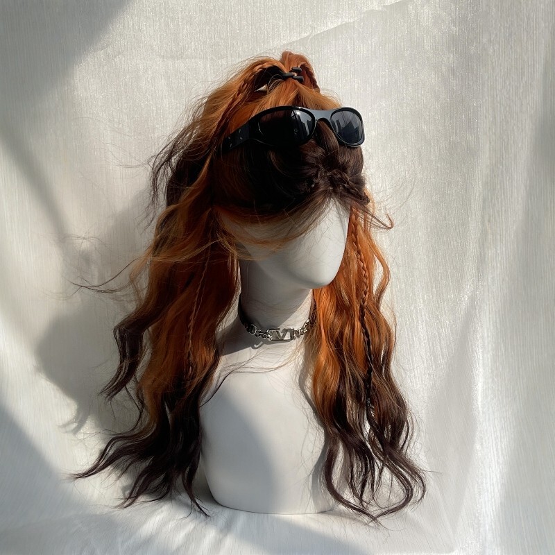 [Red Fox] Wig for Female Anime Cosplay, Orange and Black Gradient Highlights, Wavy Bangs, Full Head Wig, Synthetic Hair