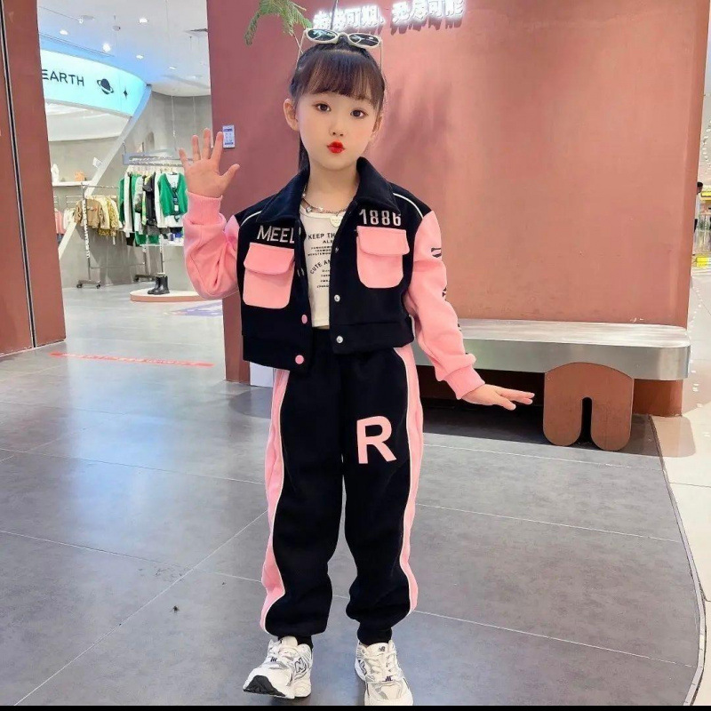 소녀의 가을 의류 세트 2024 새로운 스타일 스포츠 봄, 가을 어린이 가을 재킷 스웨터 소녀 투피스 세트