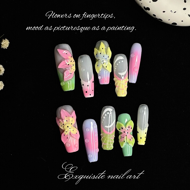 European and American Style Stereo Flower Long Pure Handmade Wearable Nails Removable Manicure Nail Oil Painting Spring and Summer Nail Relief