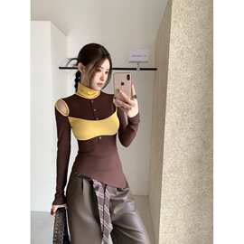 ins早春上衣夏日精致设计感辣妹撞色挖肩纯欲风挖洞不规则上衣女