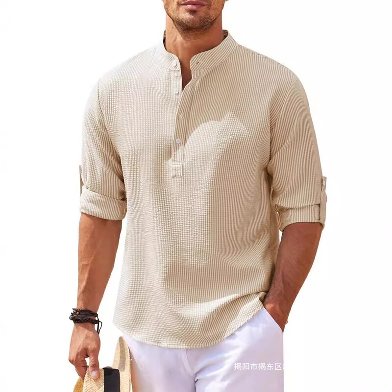 Wholesale In-Stock 2026 European and American Men's Shirts, Long-Sleeve Stand Collar Button-Up, Pineapple Short-Sleeve Plaid Men's Casual Tops