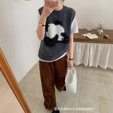 慵懒风软糯拉毛羊绒马海毛提花熊猫上衣针织衫毛衣女秋季长袖