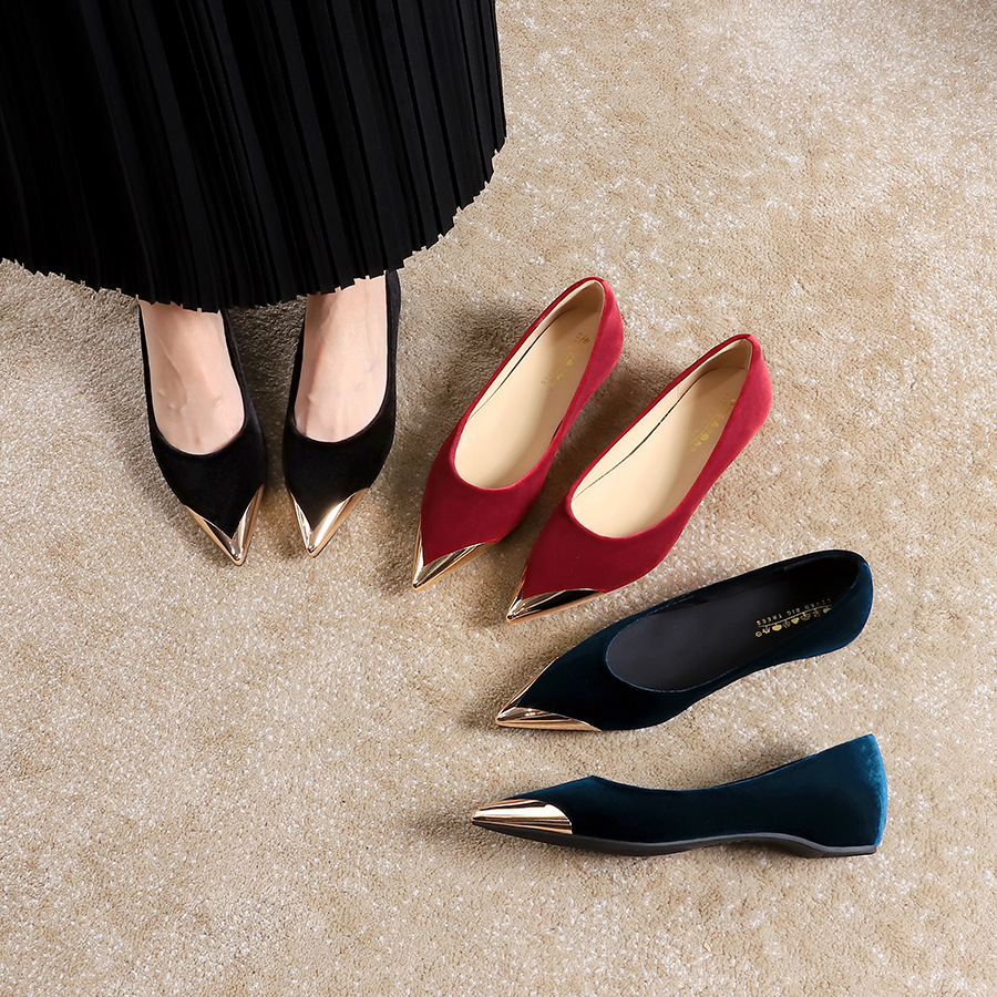 531-20 Korean style one foot high rise low heel shoes, Xishi velvet simple shallow mouth flat bottom metal pointed single shoe