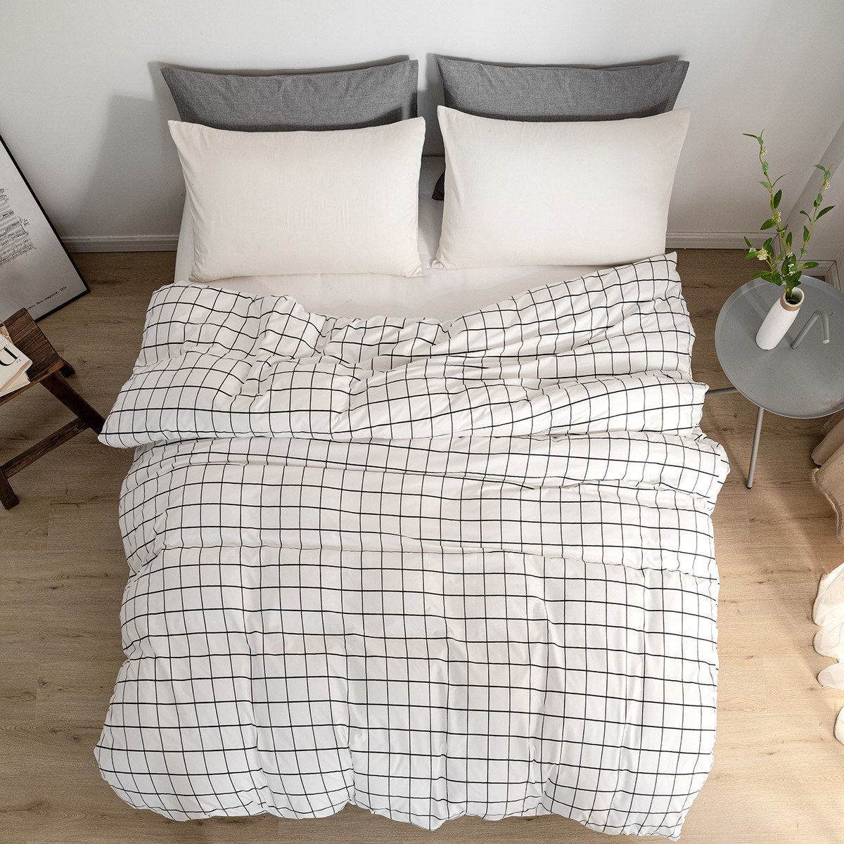 Home textile minimalist Nordic style bedding dormitory single piece sheet matte printed black and white checkered duvet_voghion.com