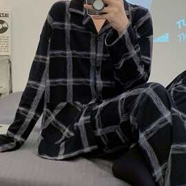胖mm300斤大码简约格纹长袖长裤睡衣女秋季宽松开衫家居服套装潮