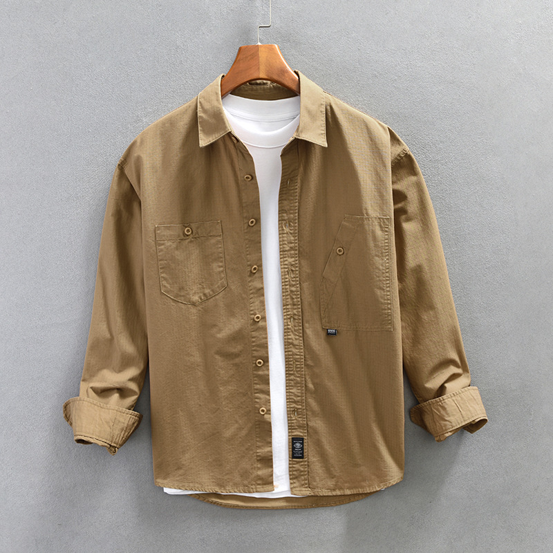 Workwear-Style Mountain Series Dark Gray Pocket Shirt, American Casual Wrinkle-Resistant Loose Long-Sleeve Shirt, Layered Jacket for Men in Autumn