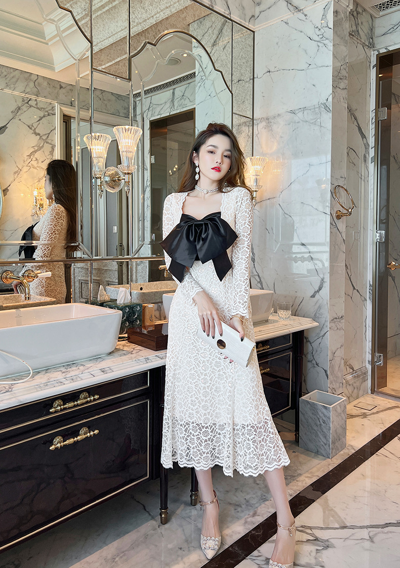 C1729 1440K VÁY ĐẦM LIỀN THÂN NỮ CHOTDNG THẮT NƠ BƯỚM DÀI TAY MÙA XUÂN THU ĐÔNG THỜI TRANG NỮ REN G04 SẢN PHẨM MỚI