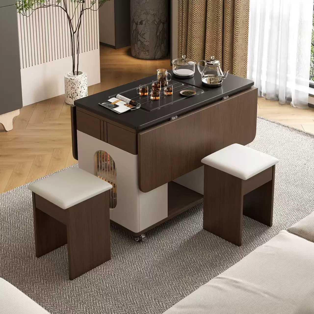 茶台茶几客厅沙发边几现代轻奢火烧石茶桌移动茶几折叠边几茶水柜