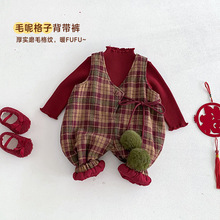 儿童格子连体裤小左小右冬季女童夹棉加厚背带裤宝宝设计感裤子潮