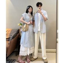 超火情侣装夏装2025新款小众设计感短袖衬衫法式连衣裙女一裙一衣