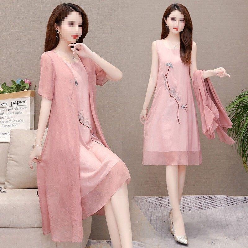 Plus-Size Embroidered Two-Piece Chiffon Dress 2026 New Style Elegant Hanfu Mid-Length Dress That Hides the Belly and Makes You Look Slimmer, Suitable for Mothers