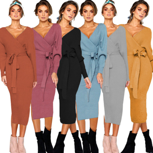 5-Color Bestselling Autumn/Winter Sexy V-Neck Tie-Up Long-Sleeve Women's Dress Amazon Wish