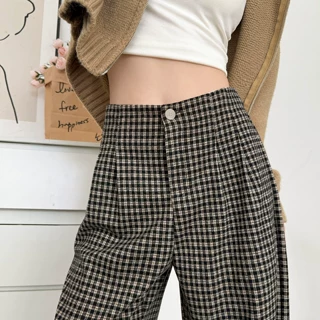 小个子格子阔腿裤女2026新款秋季宽松垂感慵懒松弛感直筒休闲裤子