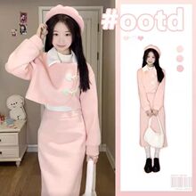小个子奶fufu深冬装搭配一整套装女富家千金毛呢短外套两件套裙子