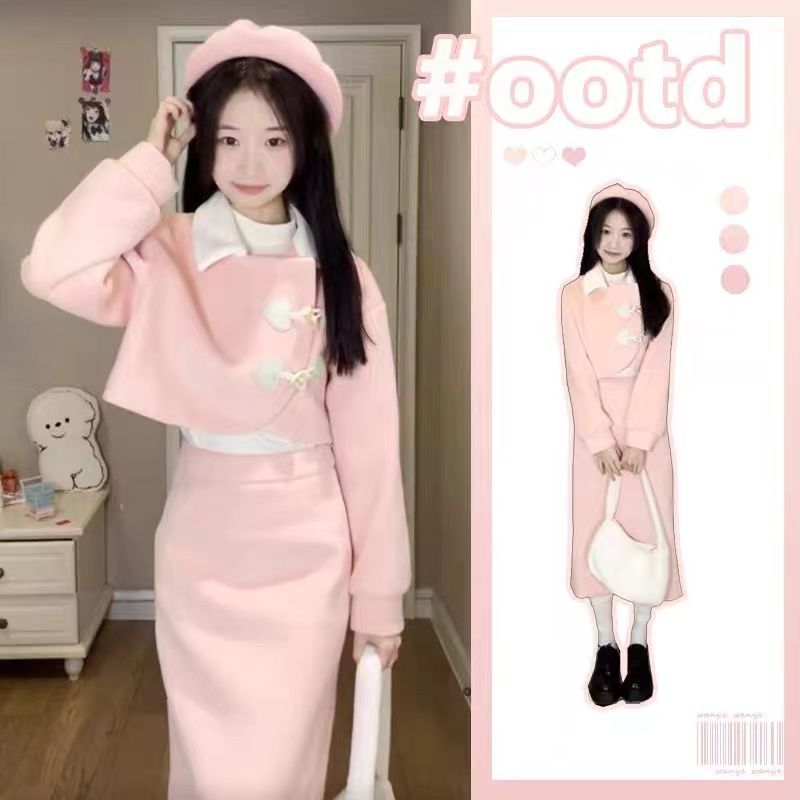 小个子奶fufu深冬装搭配一整套装女富家千金毛呢短外套两件套裙子