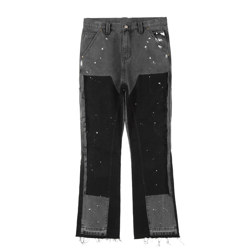 Flare-Shaped Loose Pants with Spliced Worn Hem and Paint Splash Carpenter Jeans