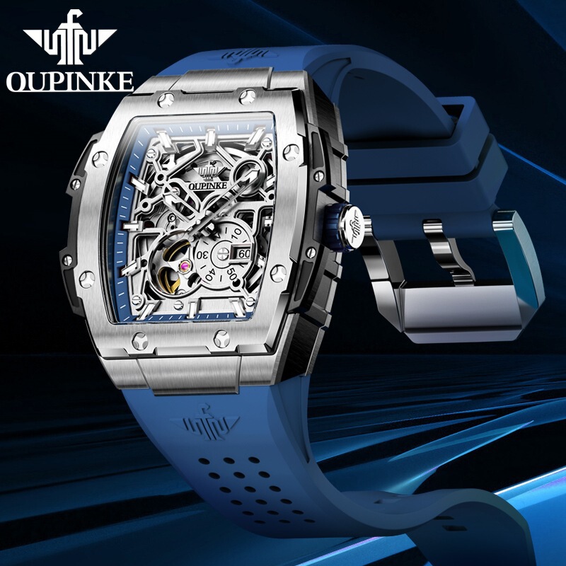 Oupinke New Model Hollow Mechanical Watch for Men with Barrel-Shaped Silicone Strap, Waterproof Men's Watch