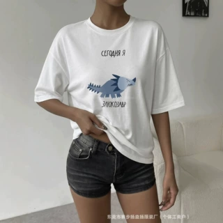 100%纯棉短袖t恤美式个性2026可爱蓝色小怪兽印花外贸舒适上衣女