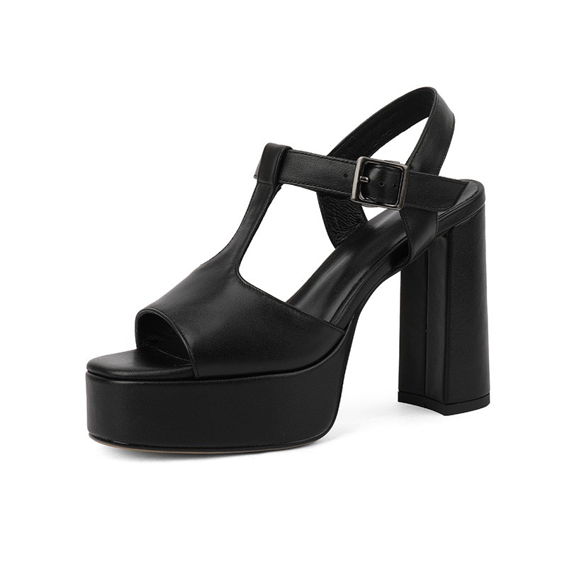 Sandal cao gót nữ quai chữ T đế dày gót vuông mũi cá da bò — Màu Đen [da cừu]