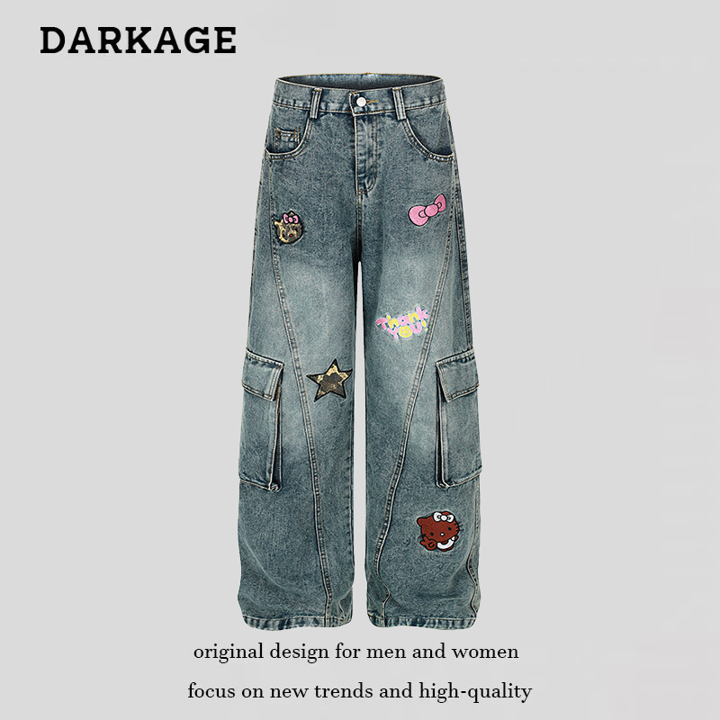 Cute Hello Kitty Embroidered Cargo Jeans for Women 2025 Loose Straight Retro Washed Multi-Pocket Wide Leg Pants