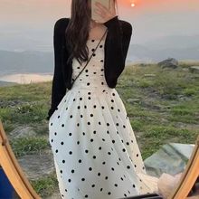 波点套装裙女夏季欧货吊带裙外搭小披肩收腰褶皱抹胸连衣裙两件套