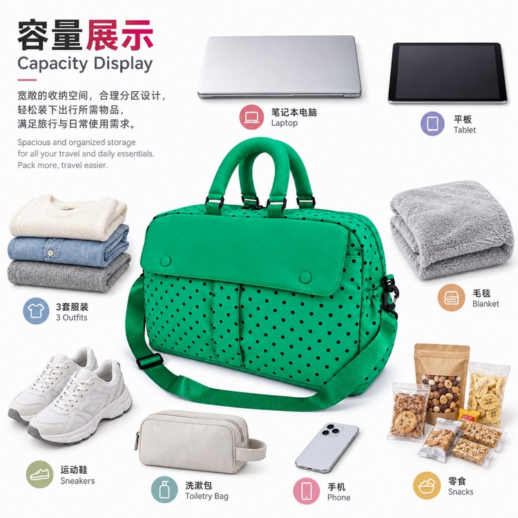 Dopamine Polka Dot Travel Bag, Large Capacity, Waterproof