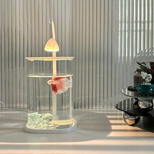 Glass Small Fish Tank Ice Crystal Desktop Creative Ecological Betta Tank Pearl Crushed Diamond Landscape Tank Decoration and Landscaping Complete Set