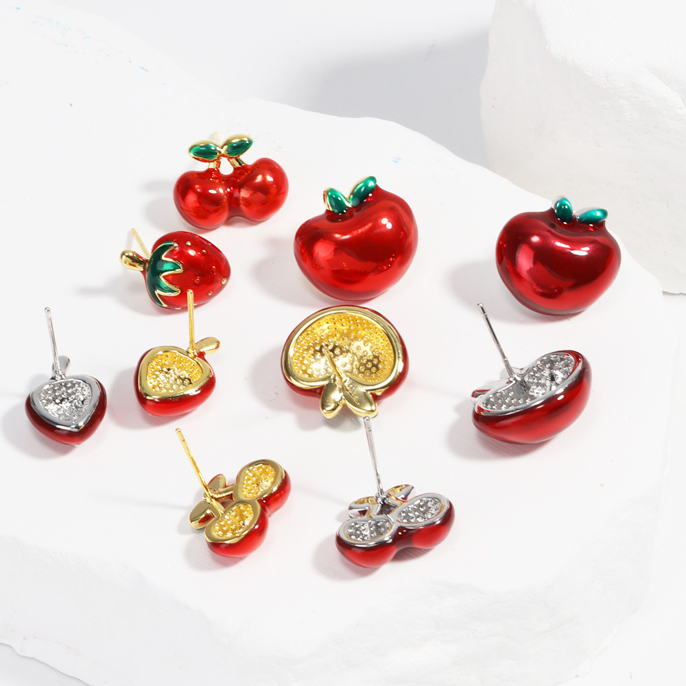 8g Weight Copper Ear Needle Material Ear Studs Classification 1 Pair Quantity Holiday, Daily Occasion Copper Material Cherry, Apple, Strawberry Pattern All Seasons Season Women's Gender Enamel Design Cute Style 1 Pair Cute Cherry Apple Strawberry Enamel Copper Ear Studs 1