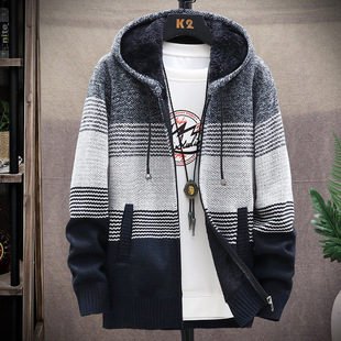 Cross-Border 2025 New Men's Velvet Thickeneded Sweater Large Size Export Men's Jacket Hooded Cardigan with Hood