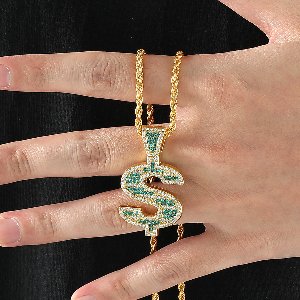 Hot selling US dollar necklace hip hop personality trend necklace, diamond studded US dollar rotating pendant necklace_voghion.com