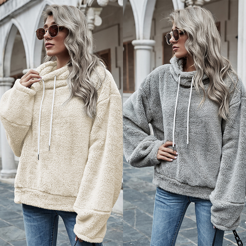 Cross-border source of 2021 autumn and winter new European and American women's hooded pure color plush loose sweater sweater blouse