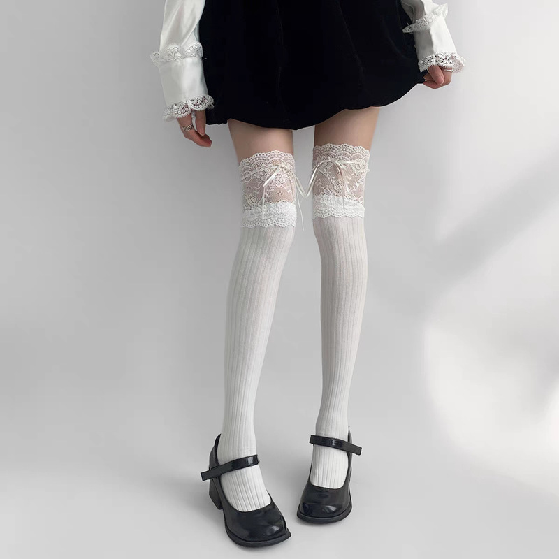 Lolita Stockings Women's Lace-up Bow Lace Socks Pile-up Socks Stitching Lace Striped Over-the-Knee Bare Socks